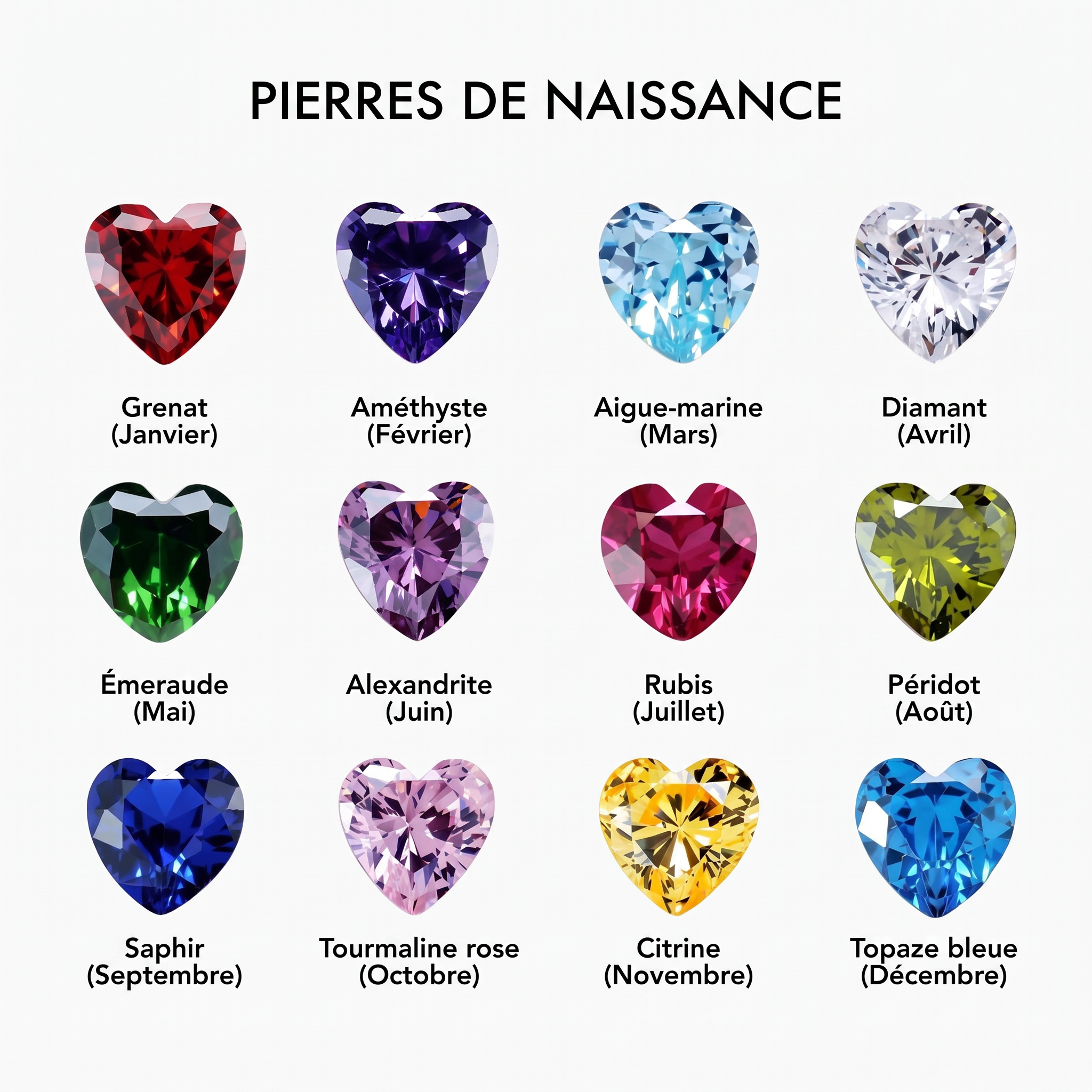 Guide des pierres de naissance en forme de cœur, de janvier à décembre