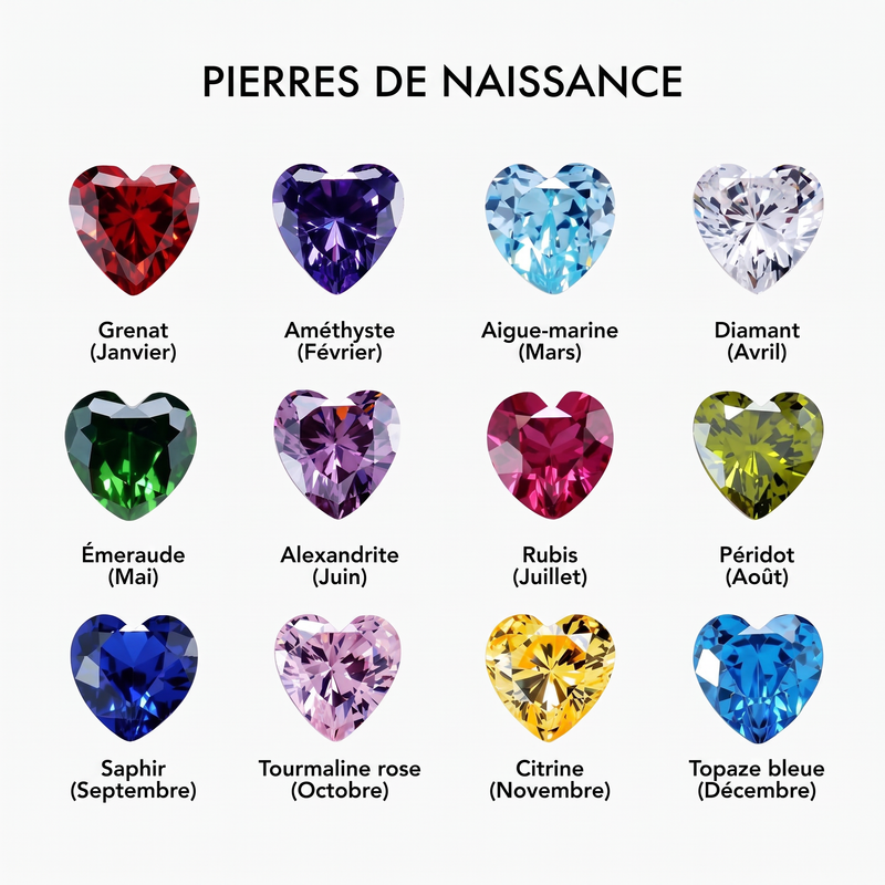 Guide des pierres de naissance en forme de cœur, de janvier à décembre