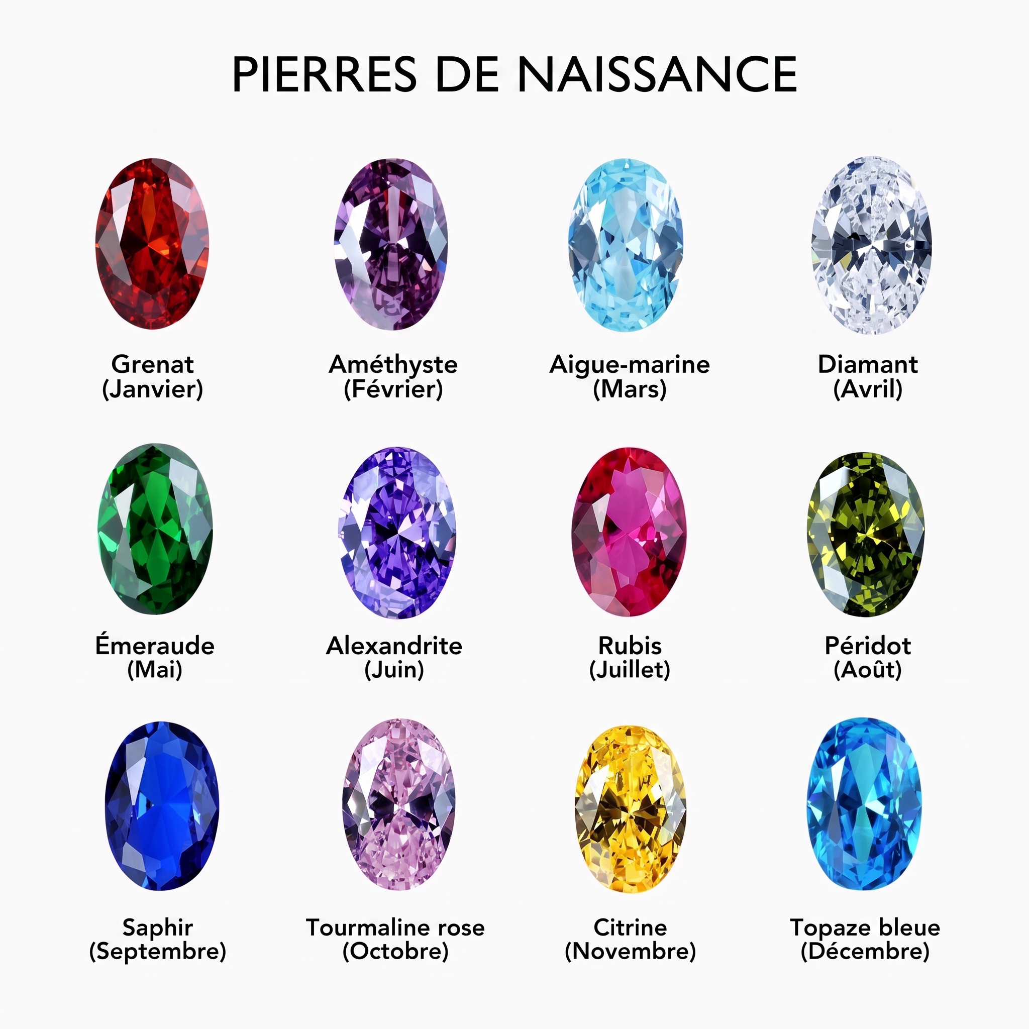 Guide des pierres de naissance ovales, de janvier à décembre