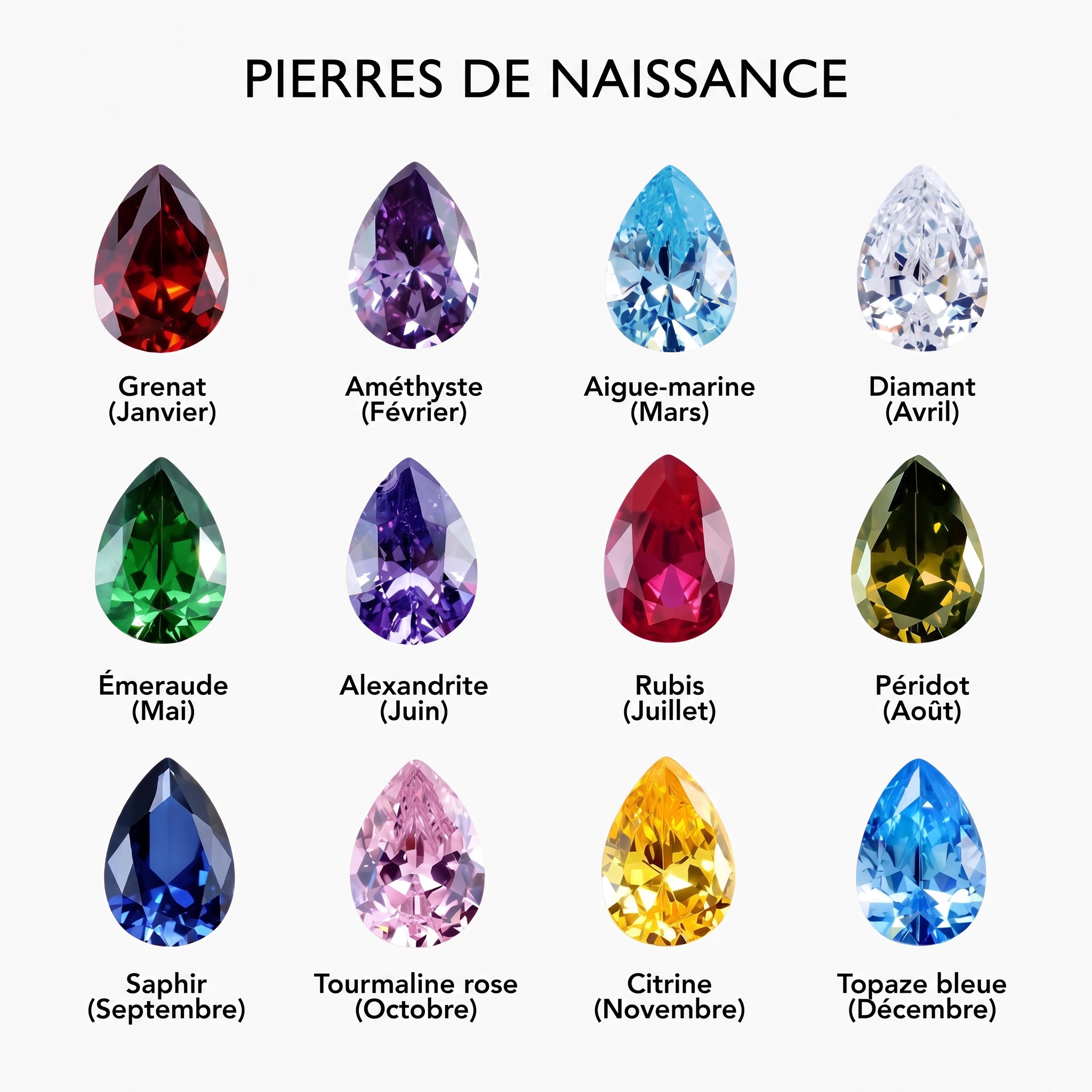 Guide des pierres de naissance en forme de poire, de janvier à décembre