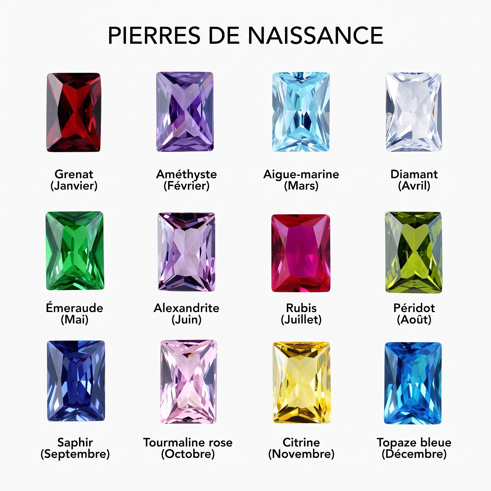 Guide des pierres de naissance rectangulaires, de janvier à décembre