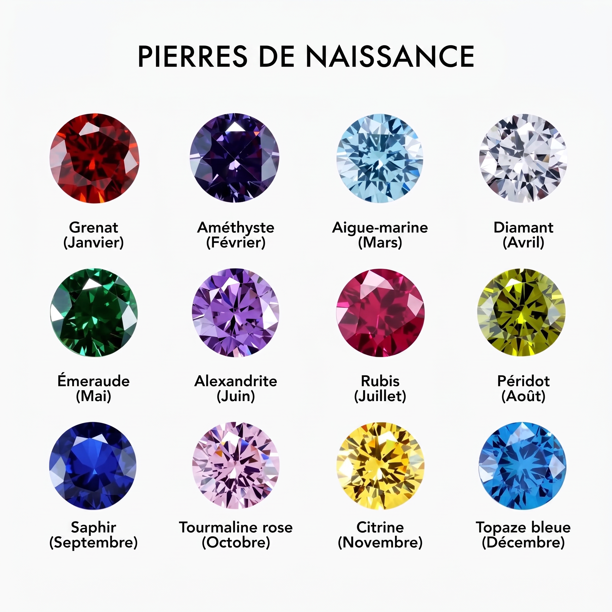 Guide des pierres de naissance rondes, de janvier à décembre
